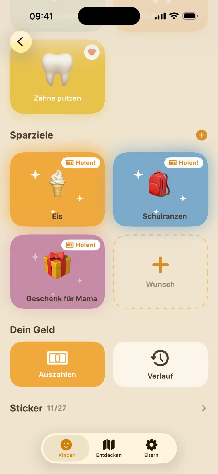 Die Sparziele in Munzy: Eis, Schulranzen und ein Geschenk für Mama, jeweils mit Fortschritt.