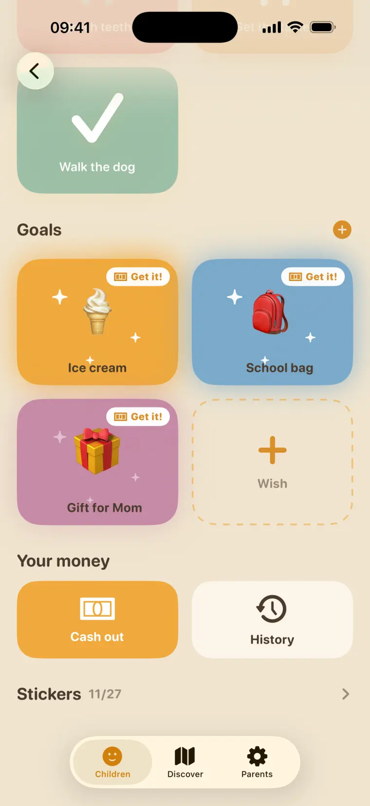 Savings goals in Munzy: ice cream, a school bag and a gift for Mom, each with its own progress.