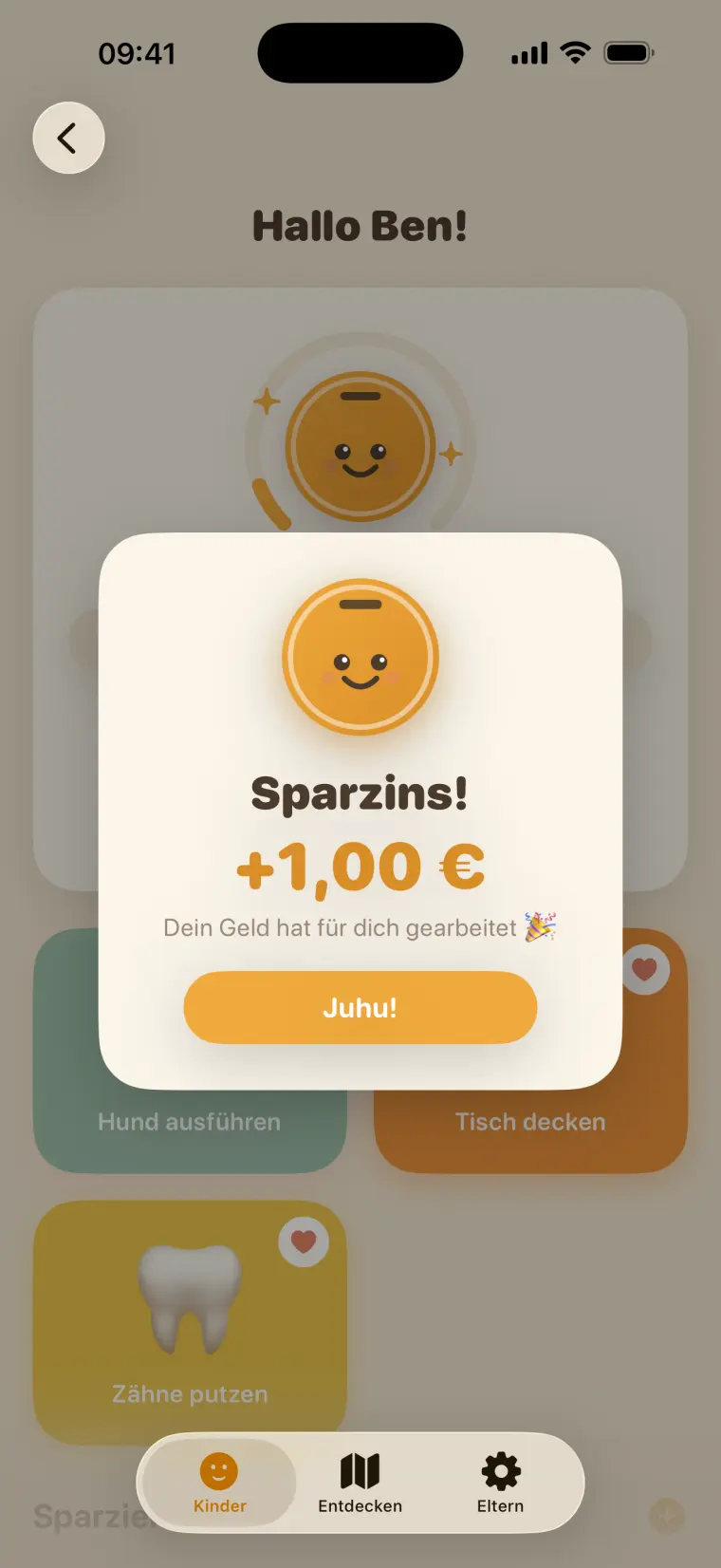 Munzy meldet einen Sparzins von plus 1,00 Euro mit dem Hinweis, das Geld habe für das Kind gearbeitet.