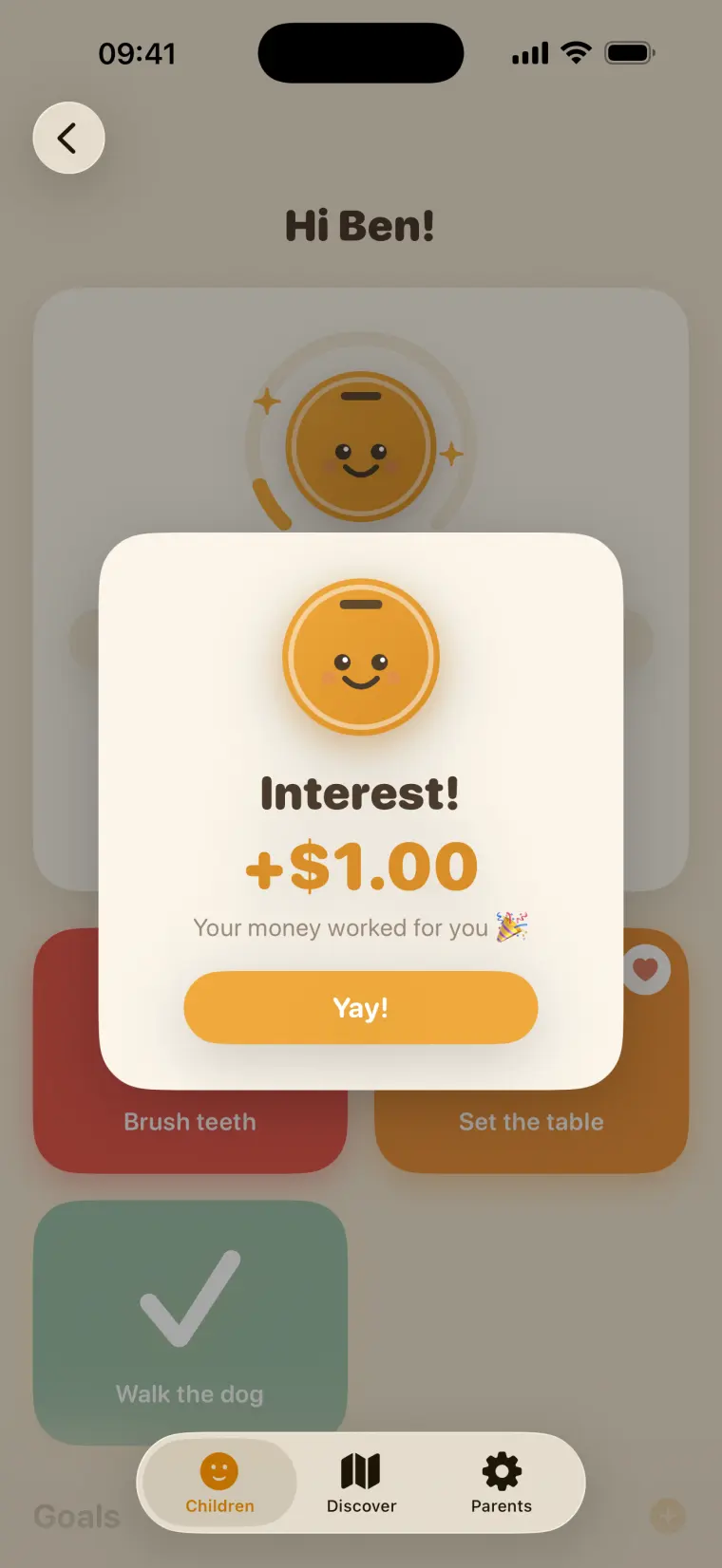 Munzy announcing an interest payment of one dollar, telling the child their money has been working for them.