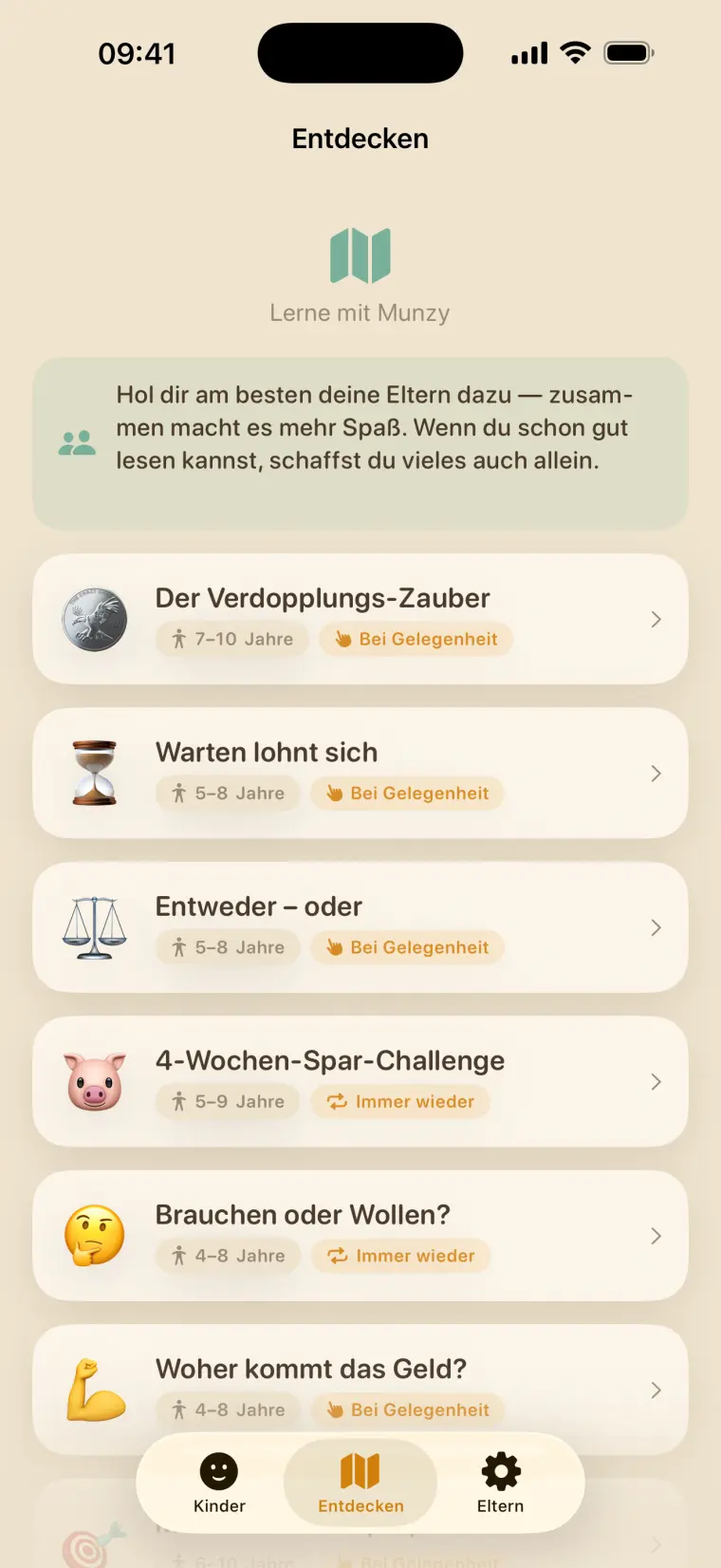 Der Entdecken-Bereich in Munzy mit Lektionen wie „Der Verdopplungs-Zauber