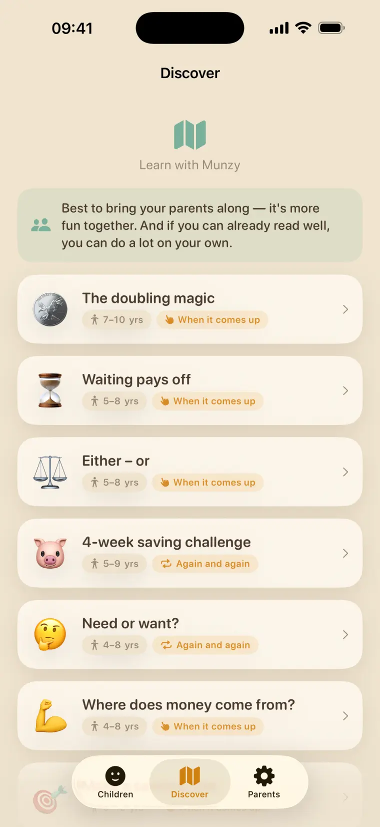 The Discover section in Munzy with lessons such as “The doubling magic” and “Waiting pays off”, each with an age range.