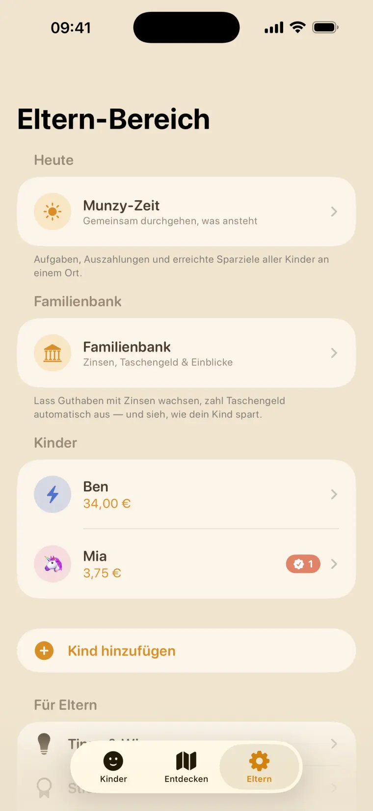 Der Eltern-Bereich in Munzy mit Munzy-Zeit, Familienbank und den Guthaben von Ben und Mia.