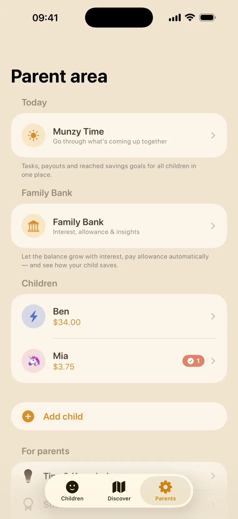 The parent area in Munzy with Munzy Time, the Family Bank and the balances for Ben and Mia.